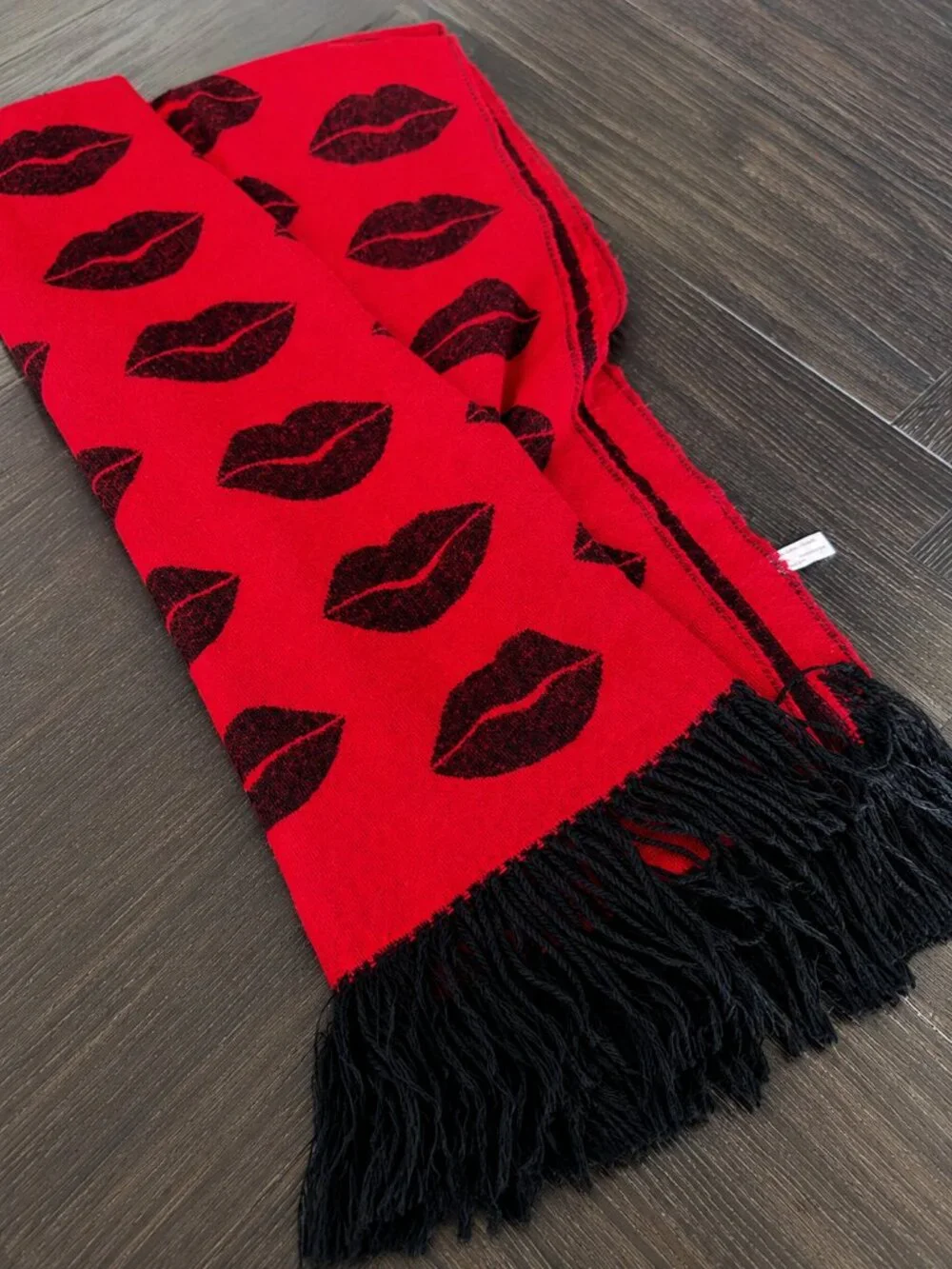 Victoria’s Secret Lip Print Throw Blanket | Red Black Fringe Cozy Plush Throw